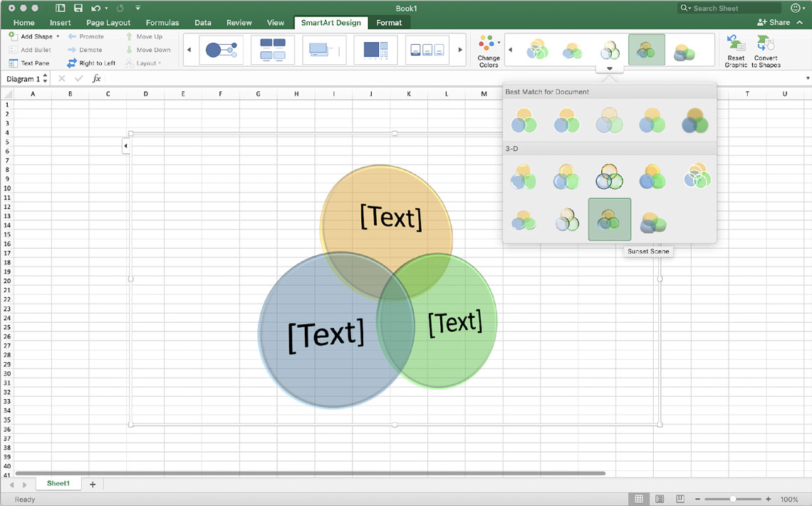a screenshot depicting how to smartart style of a venn diagram in excel