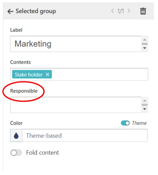 Screenshot of the Vizzlo editor showing the location of the new text input to assign someone responsible for a group