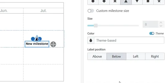 Gif that demonstrates preset positions for milestones of activities for Gantt chart in Vizzlo