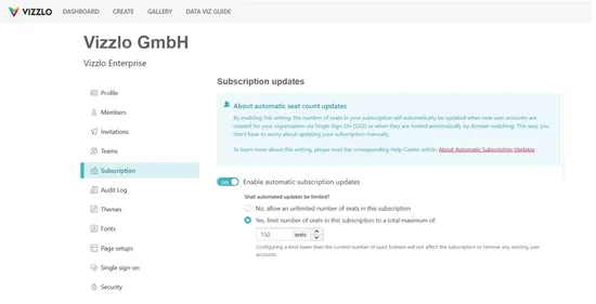Screenshot of the organization settings in Vizzlo highlighting the new limit setting for automatic seat count updates.