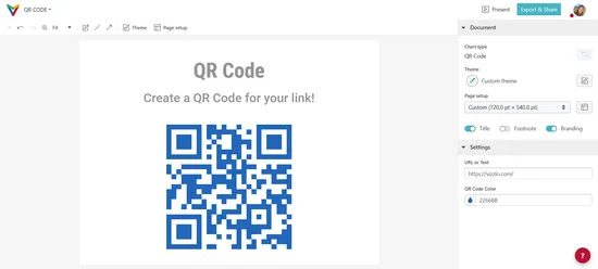 Screenshot of the Vizzlo editor showing the new QR code chart type.