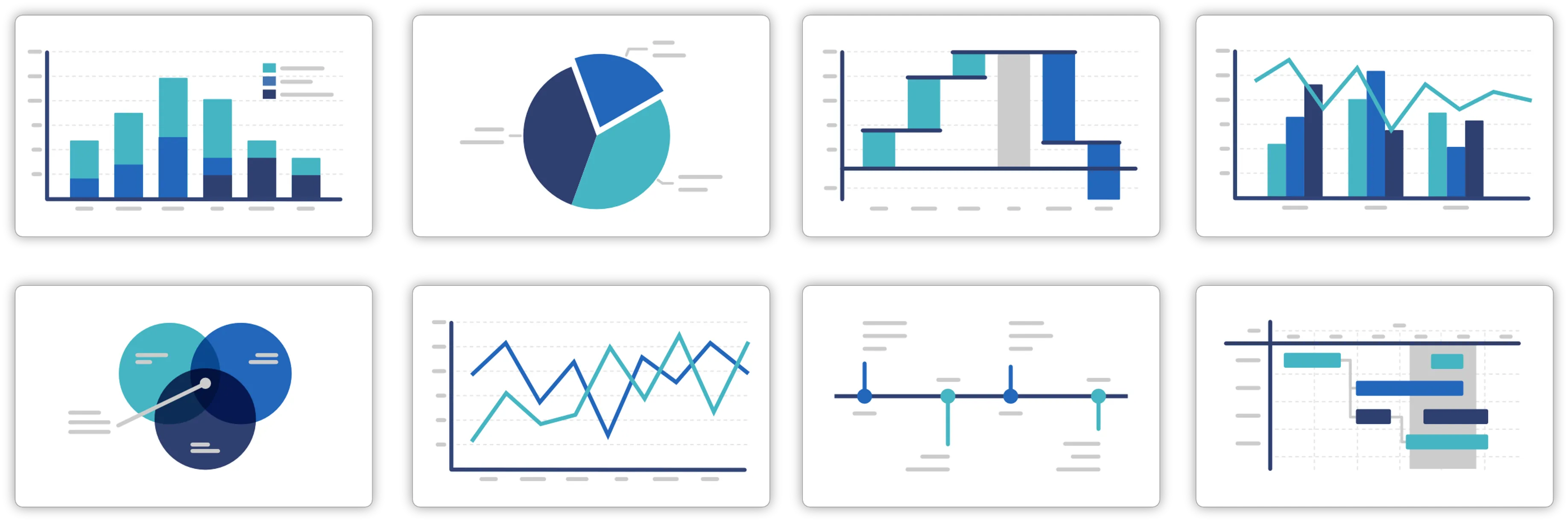 120+ chart types including bar, pie, waterfall, line charts and more