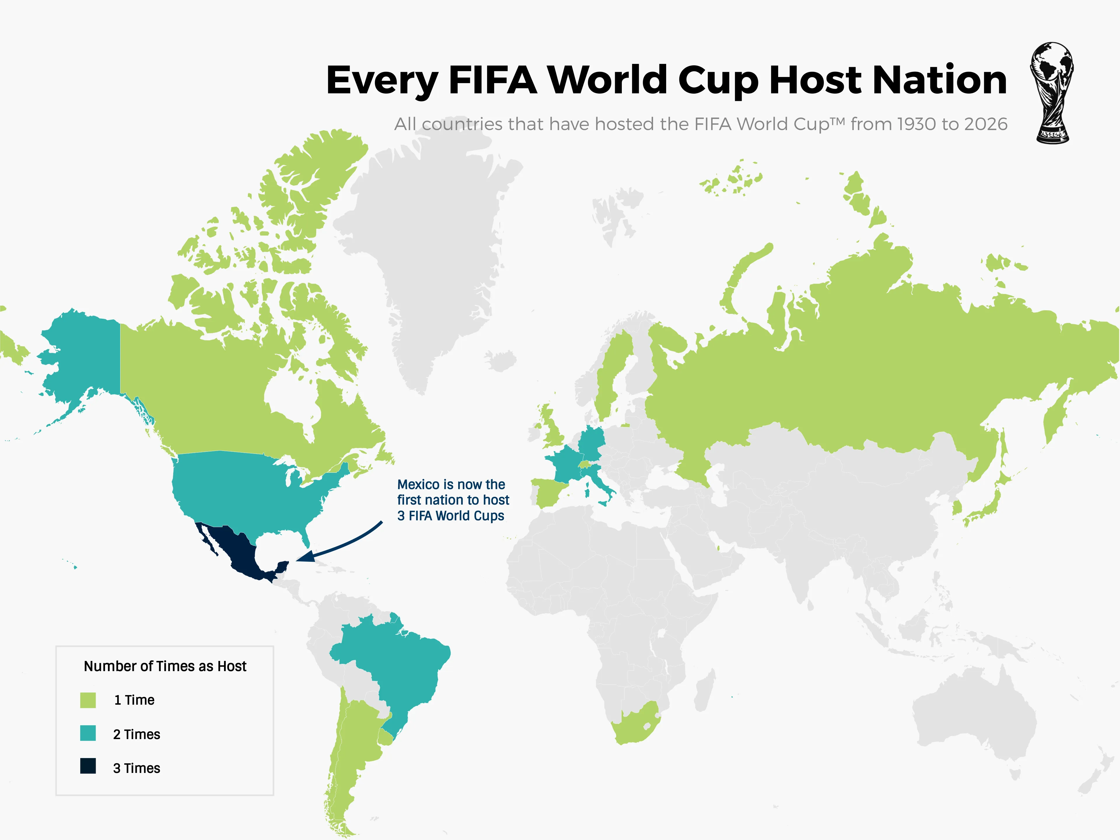 Weltkarte-Beispiel: Every FIFA World Cup Host Nation