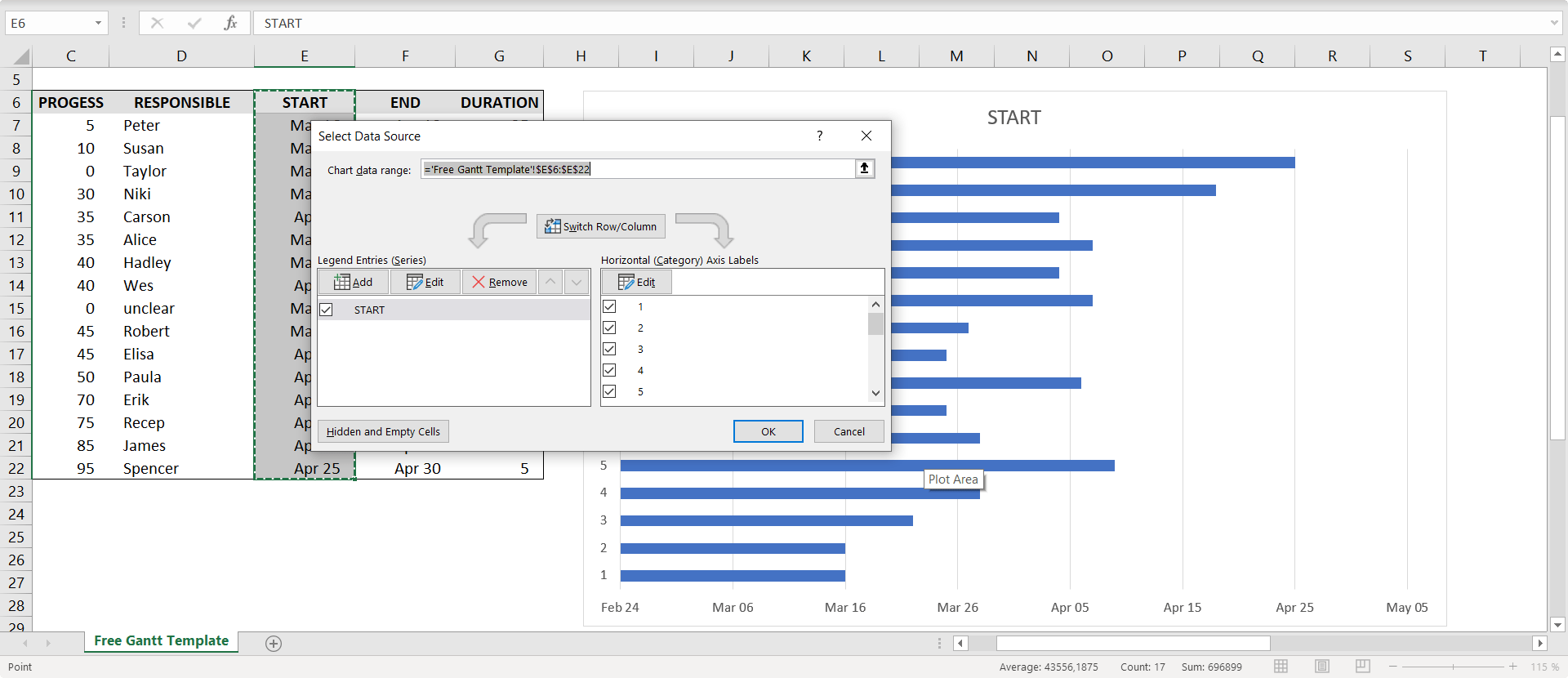 How to change the data used for a stacked bar chart in Excel