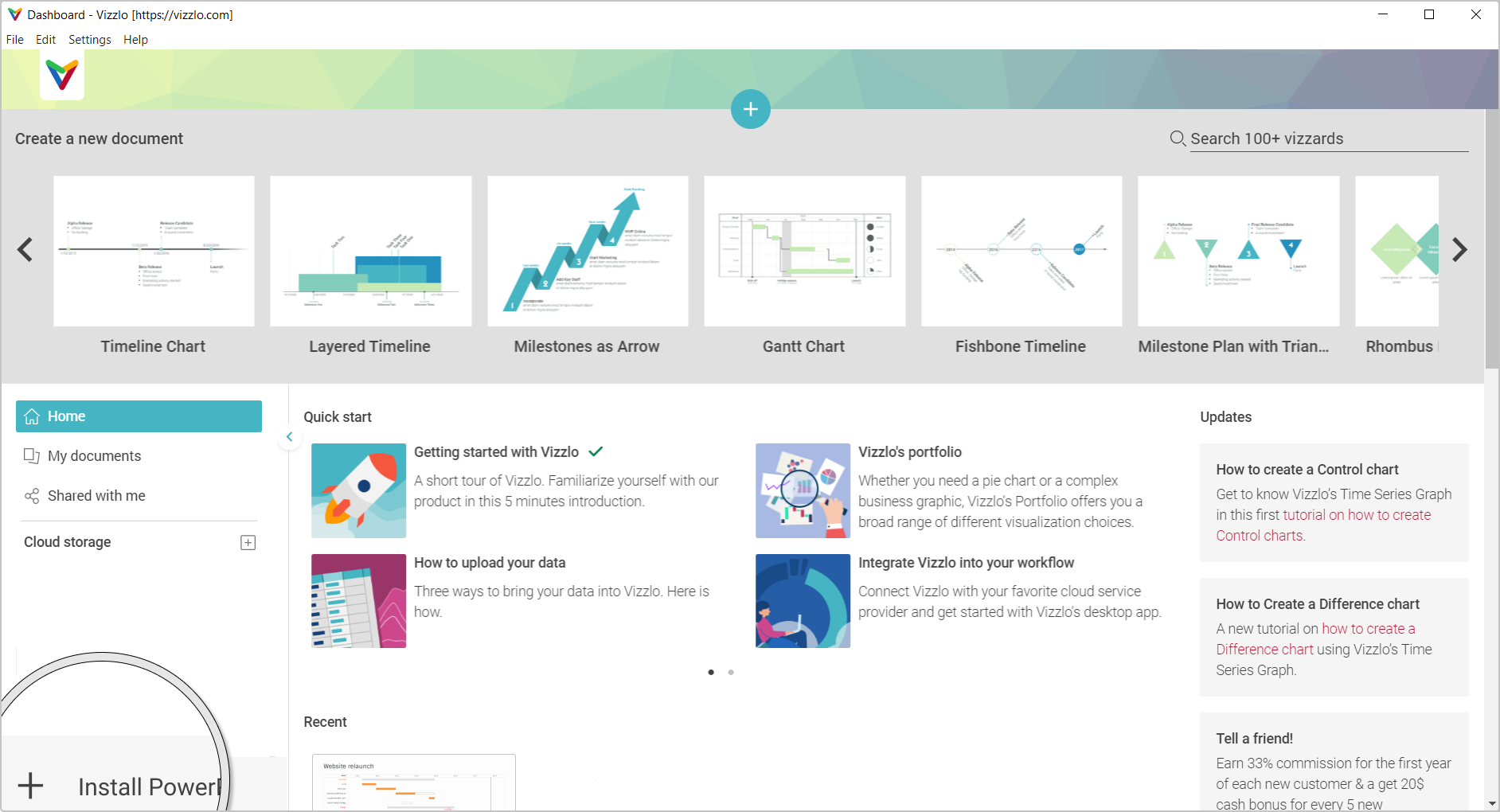 Vizzlo's PowerPoint add-in is downloaded as part of Vizzlo's desktop app. Installation requires one click.