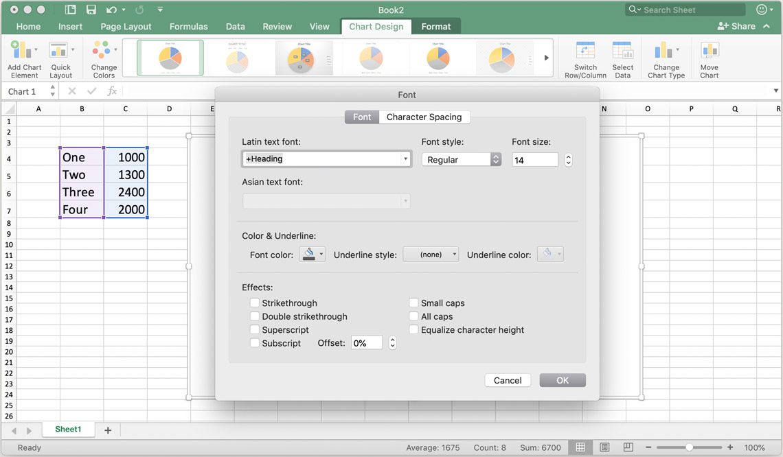 a screenshot showing how to change a pie charts font in excel