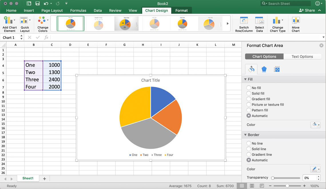 a screenshot showing how to change designs for your excel pie charts