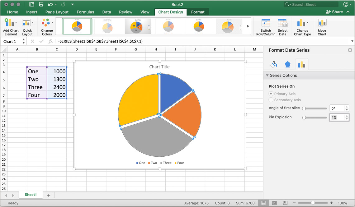 a screenshot showing how to explode slices in excel