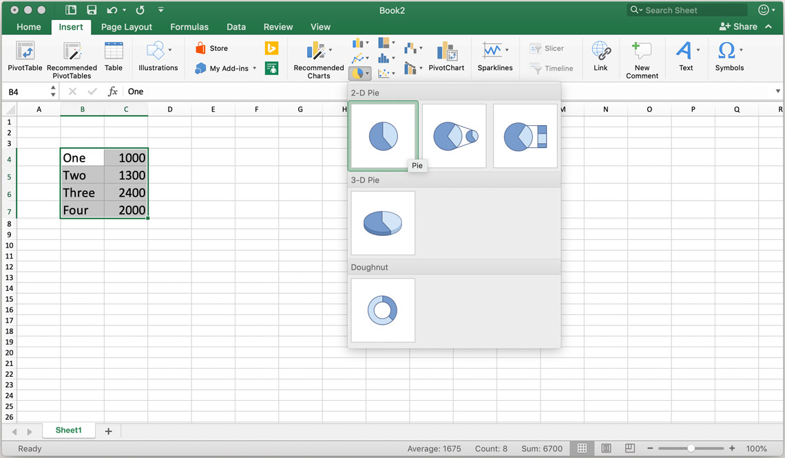 a screenshot showing the first step in creating a pie chart in excell
