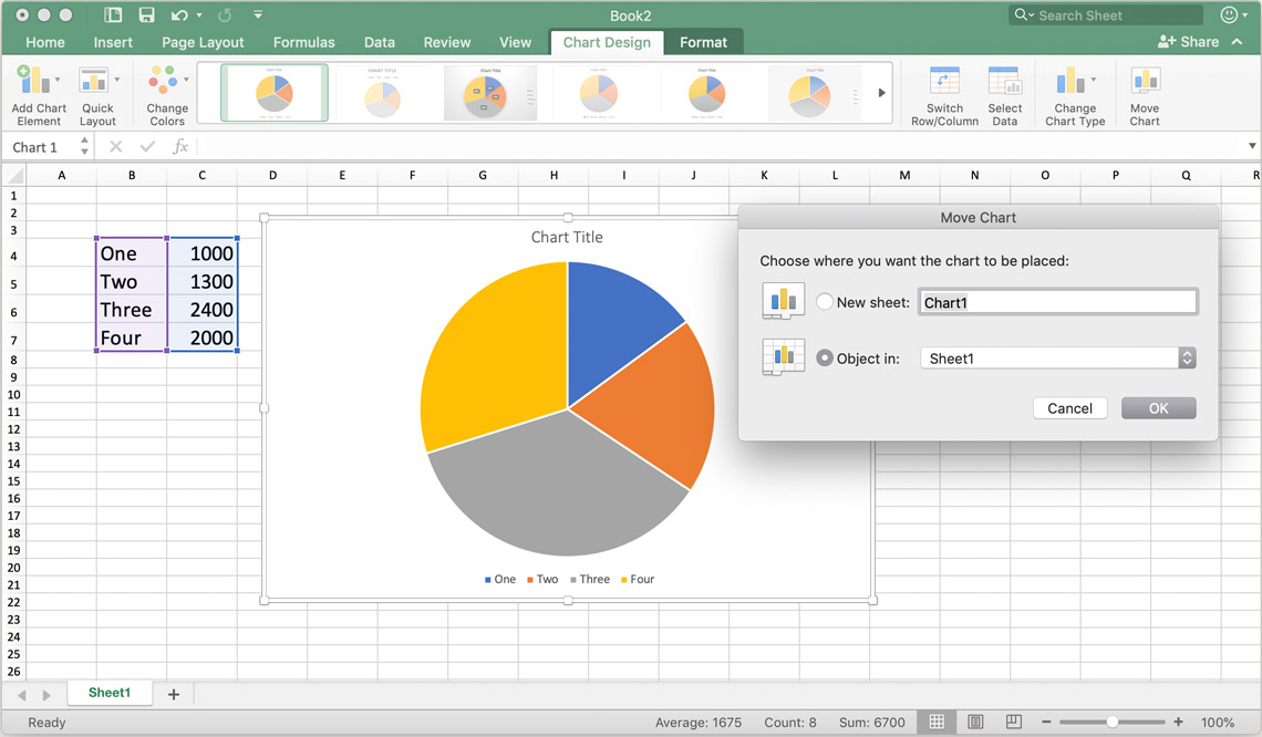 a screenshot showing how to move a chart in and between pages in excel