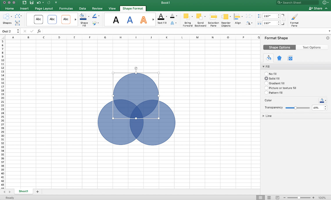 a screenshot depicting how to manually create a venn diagram in excel step by step