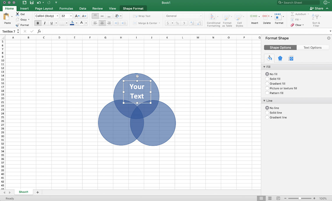 a screenshot depicting how to manually create a venn diagram in excel step by step