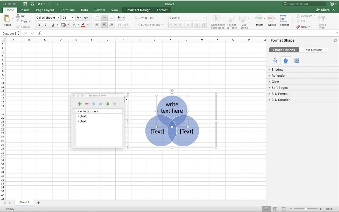 a screenshot depicting the process of adding labels to a venn diagram in excel