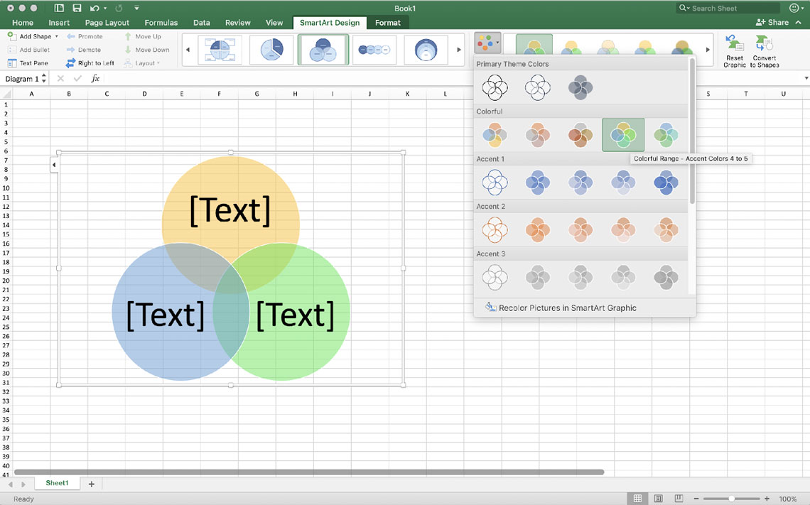 a screenshot depicting how to change the design of a venn diagram in excel