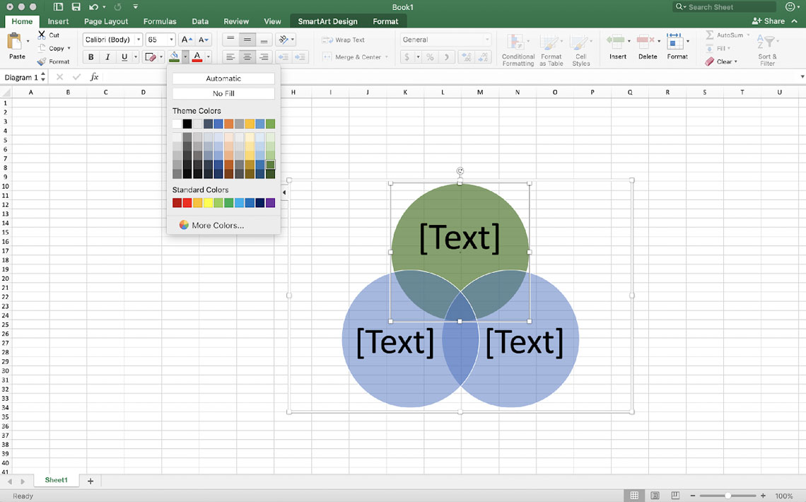a screenshot showing how to change the color of a venn diagram in excel