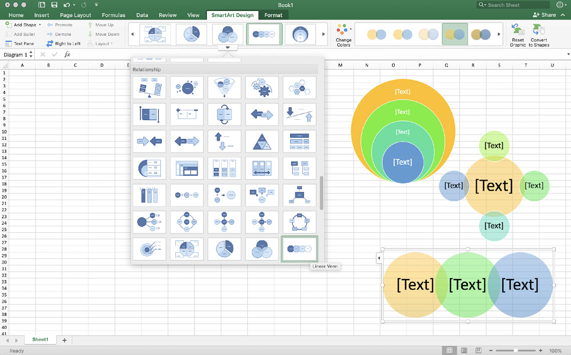 a screenshot helping selecting the correct layout for a venn diagram in excel